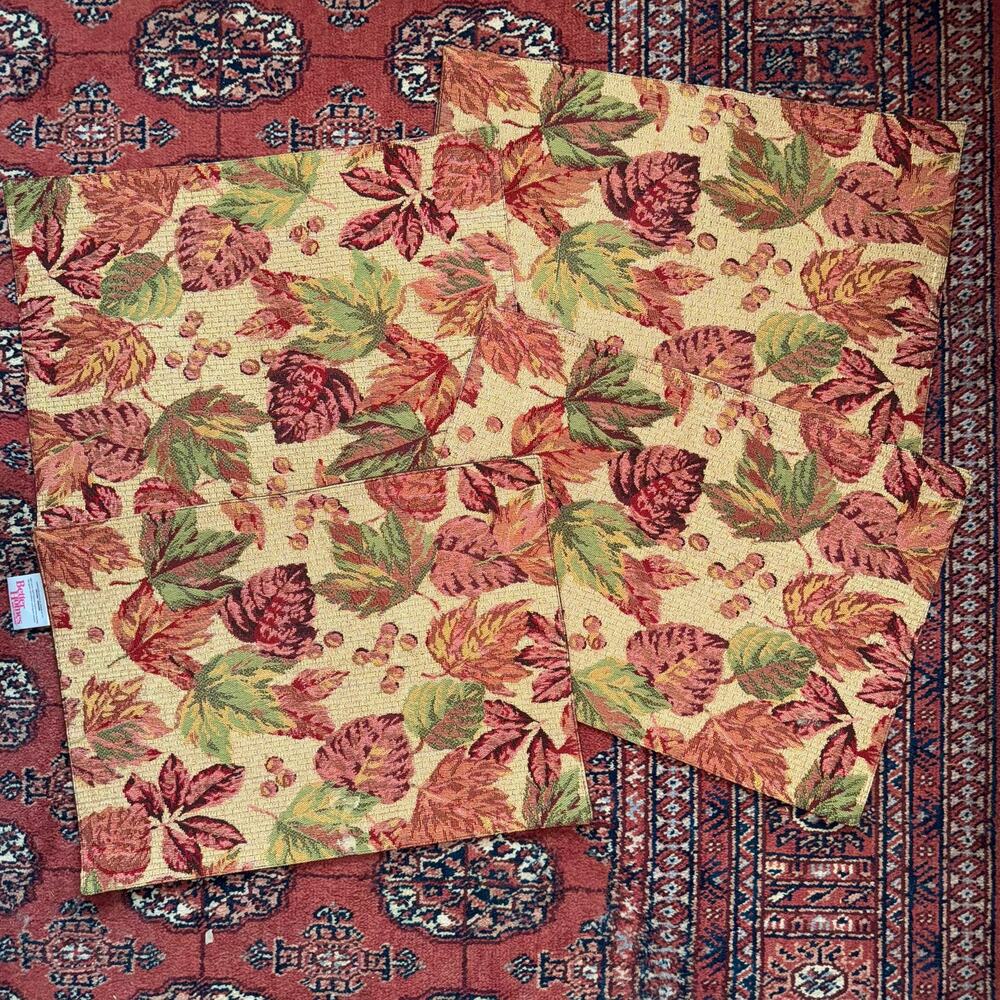 Set of‎ 4 Orange & Green Leaf Pattern Fall-Themed Cotton/Poly Woven Placemats